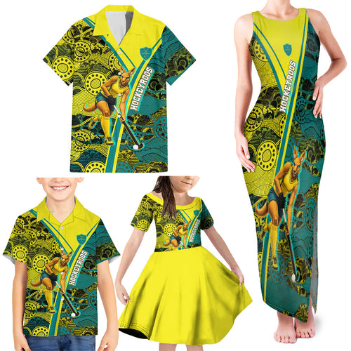 Custom Hockeyroos Kangaroo Field Hockey Family Matching Tank Maxi Dress and Hawaiian Shirt Aboriginal Pattern Green Gold Dynamic Athlete Design