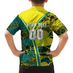 Custom Hockeyroos Kangaroo Field Hockey Family Matching Tank Maxi Dress and Hawaiian Shirt Aboriginal Pattern Green Gold Dynamic Athlete Design