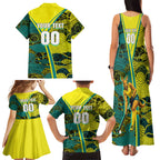 Custom Hockeyroos Kangaroo Field Hockey Family Matching Tank Maxi Dress and Hawaiian Shirt Aboriginal Pattern Green Gold Dynamic Athlete Design