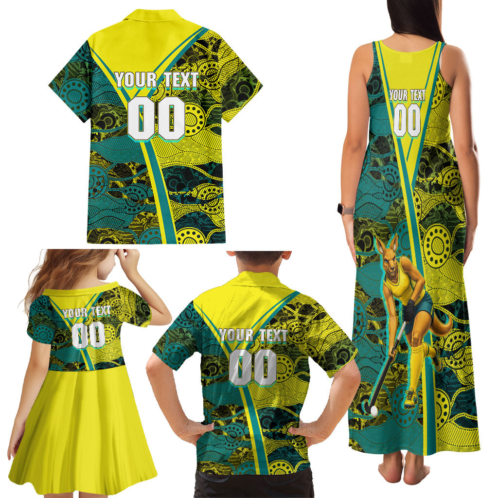 Custom Hockeyroos Kangaroo Field Hockey Family Matching Tank Maxi Dress and Hawaiian Shirt Aboriginal Pattern Green Gold Dynamic Athlete Design