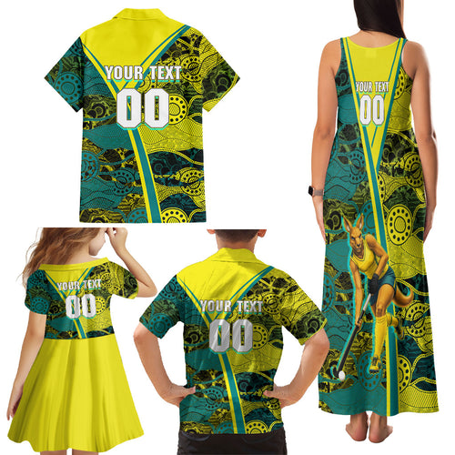 Custom Hockeyroos Kangaroo Field Hockey Family Matching Tank Maxi Dress and Hawaiian Shirt Aboriginal Pattern Green Gold Dynamic Athlete Design