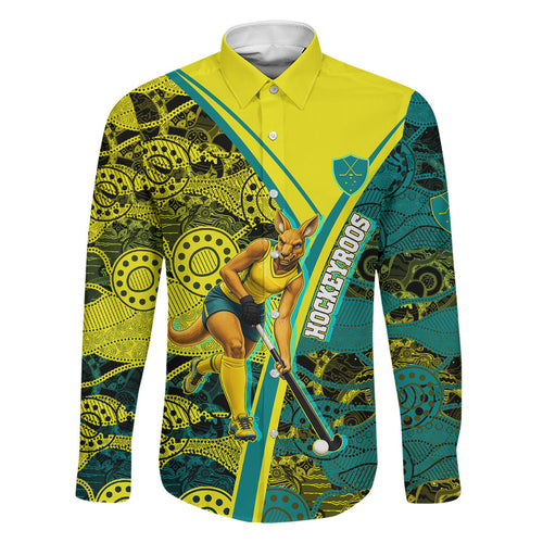 Custom Hockeyroos Kangaroo Field Hockey Family Matching Tank Maxi Dress and Hawaiian Shirt Aboriginal Pattern Green Gold Dynamic Athlete Design
