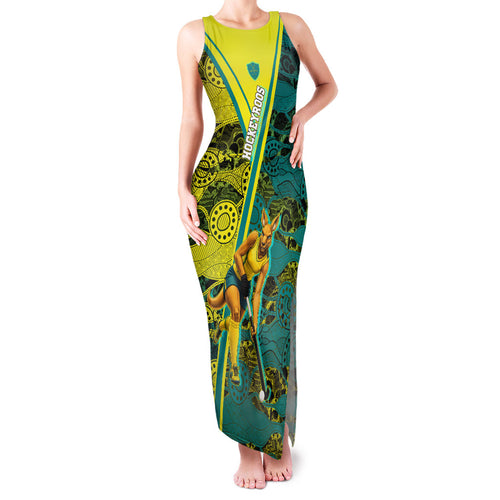 Custom Hockeyroos Kangaroo Field Hockey Family Matching Tank Maxi Dress and Hawaiian Shirt Aboriginal Pattern Green Gold Dynamic Athlete Design