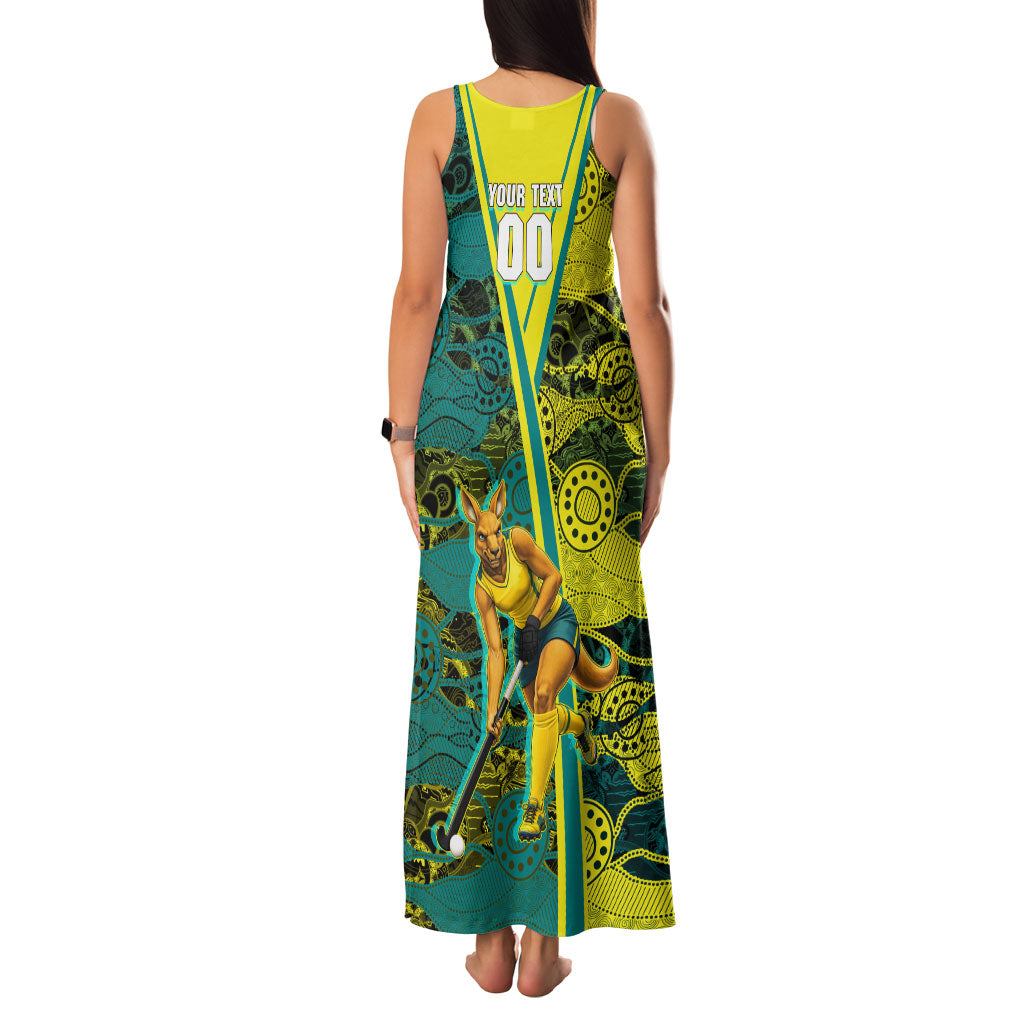 Custom Hockeyroos Kangaroo Field Hockey Family Matching Tank Maxi Dress and Hawaiian Shirt Aboriginal Pattern Green Gold Dynamic Athlete Design
