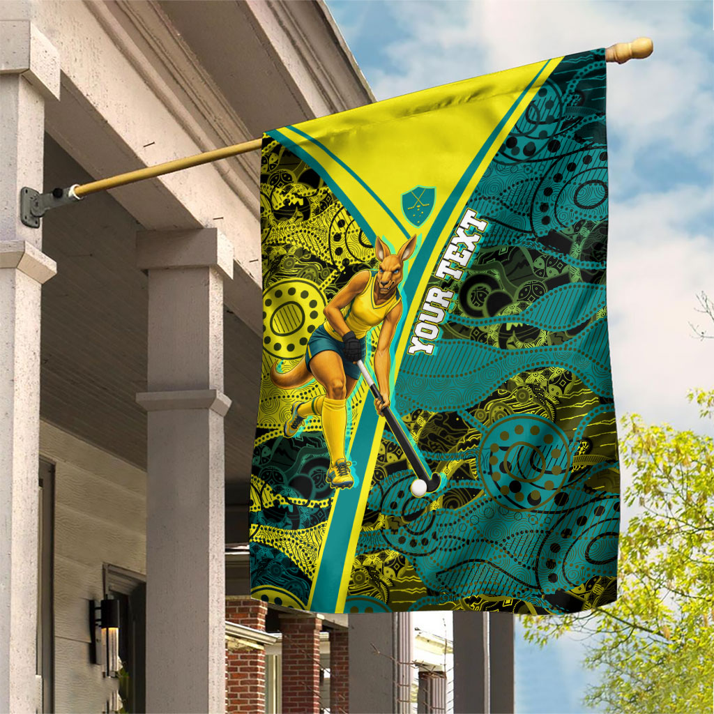 Custom Hockeyroos Kangaroo Field Hockey Garden Flag Aboriginal Pattern Green Gold Dynamic Athlete Design