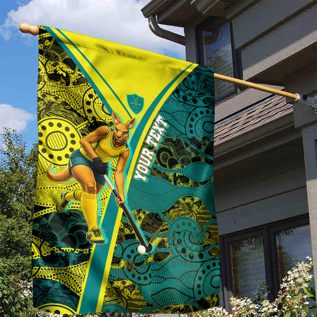Custom Hockeyroos Kangaroo Field Hockey Garden Flag Aboriginal Pattern Green Gold Dynamic Athlete Design