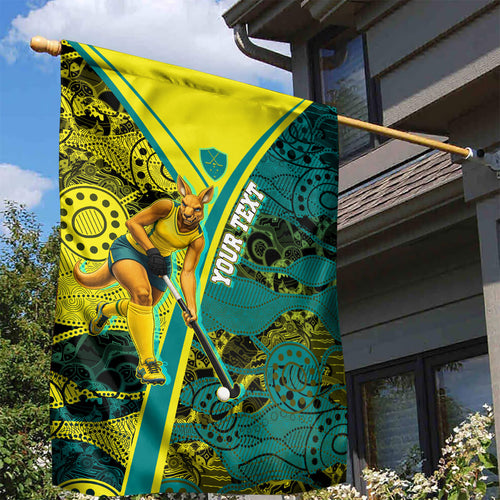 Custom Hockeyroos Kangaroo Field Hockey Garden Flag Aboriginal Pattern Green Gold Dynamic Athlete Design