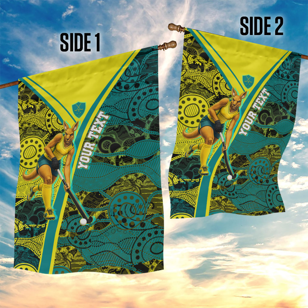 Custom Hockeyroos Kangaroo Field Hockey Garden Flag Aboriginal Pattern Green Gold Dynamic Athlete Design