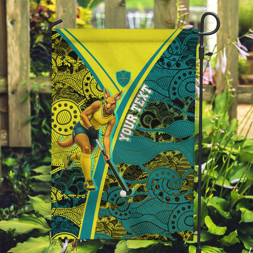 Custom Hockeyroos Kangaroo Field Hockey Garden Flag Aboriginal Pattern Green Gold Dynamic Athlete Design