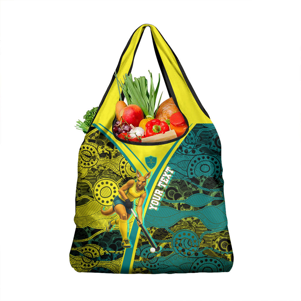Custom Hockeyroos Kangaroo Field Hockey Grocery Bag Aboriginal Pattern Green Gold Dynamic Athlete Design