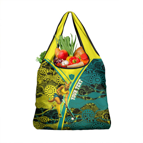Custom Hockeyroos Kangaroo Field Hockey Grocery Bag Aboriginal Pattern Green Gold Dynamic Athlete Design