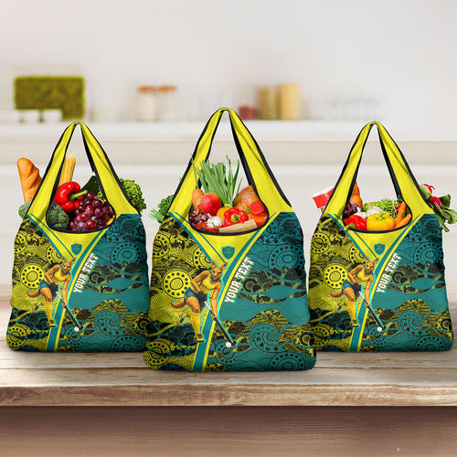 Custom Hockeyroos Kangaroo Field Hockey Grocery Bag Aboriginal Pattern Green Gold Dynamic Athlete Design