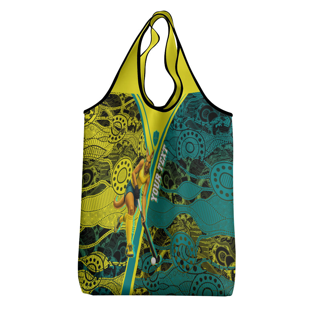 Custom Hockeyroos Kangaroo Field Hockey Grocery Bag Aboriginal Pattern Green Gold Dynamic Athlete Design