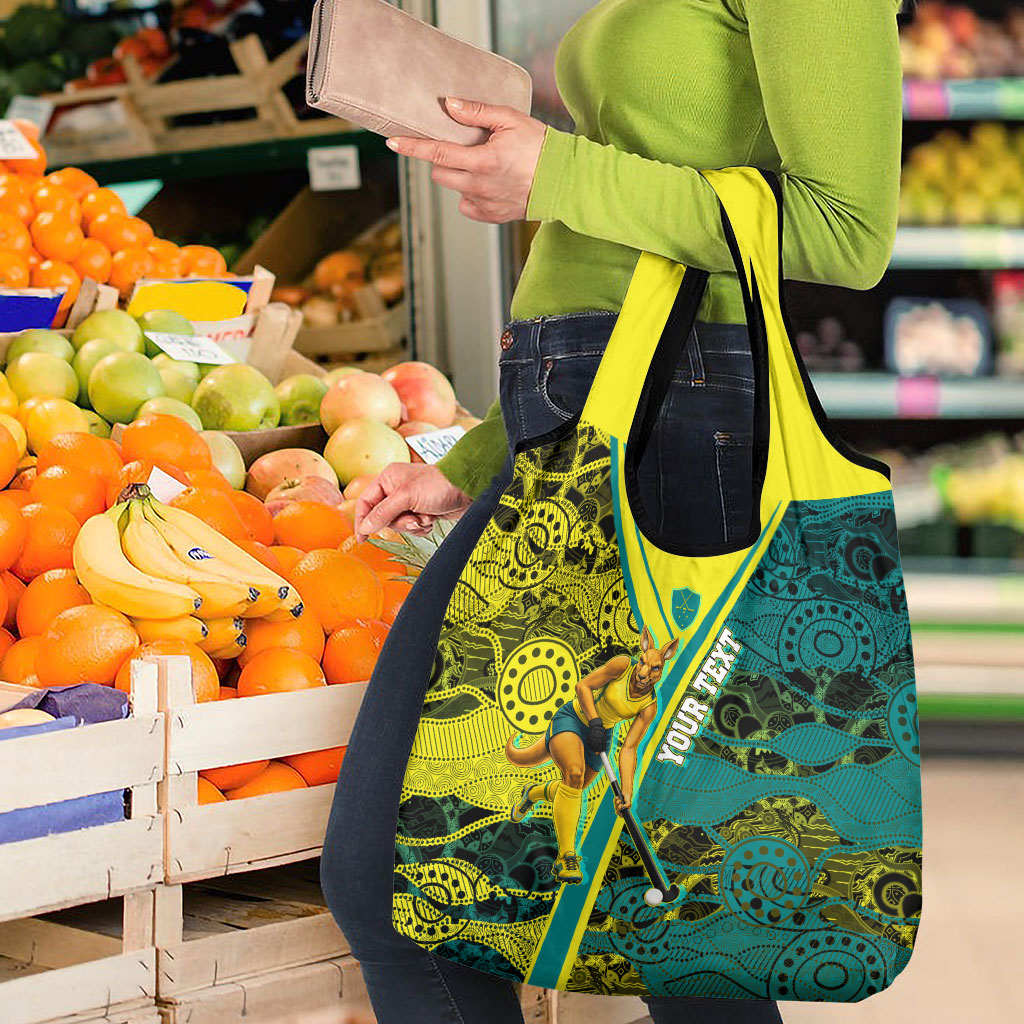 Custom Hockeyroos Kangaroo Field Hockey Grocery Bag Aboriginal Pattern Green Gold Dynamic Athlete Design