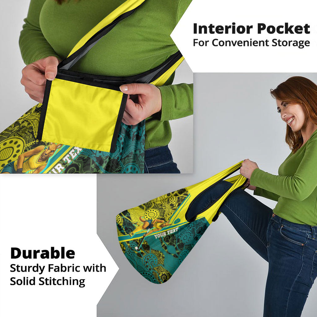 Custom Hockeyroos Kangaroo Field Hockey Grocery Bag Aboriginal Pattern Green Gold Dynamic Athlete Design