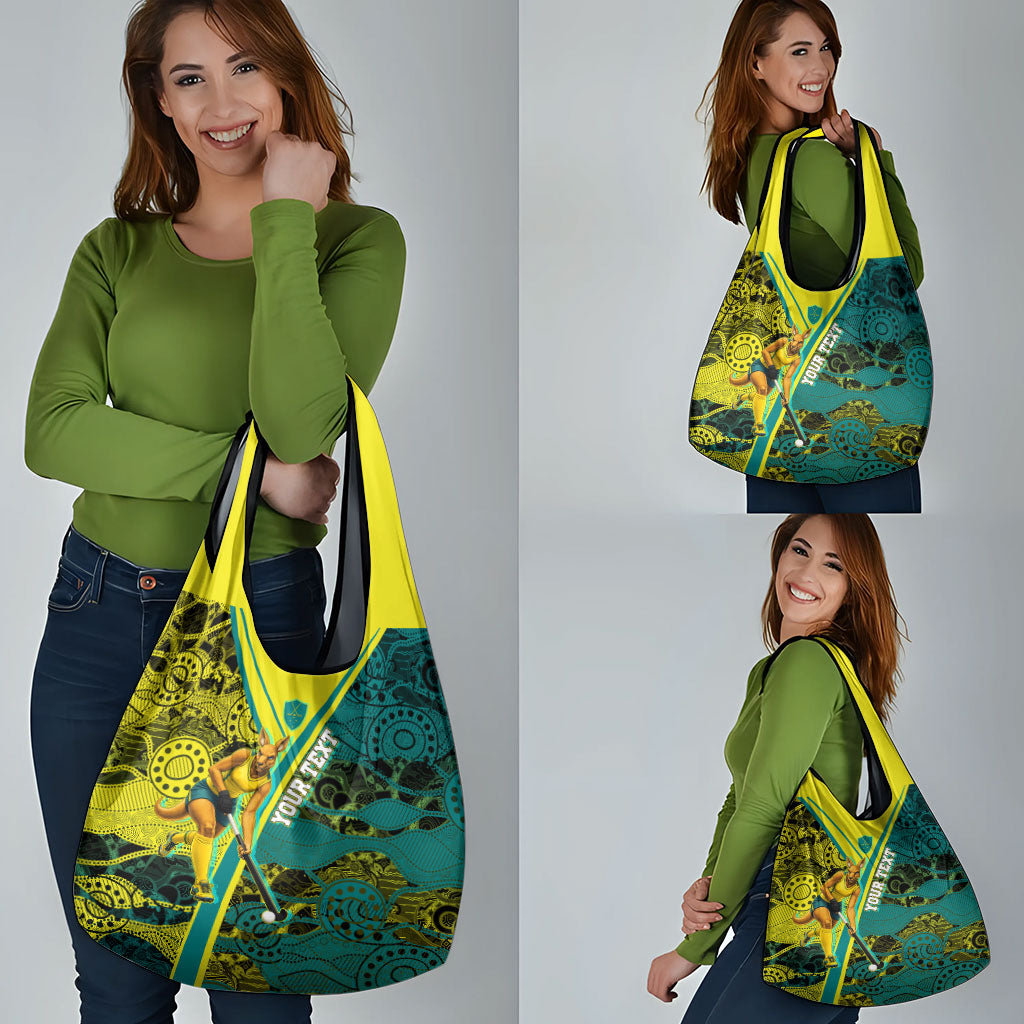 Custom Hockeyroos Kangaroo Field Hockey Grocery Bag Aboriginal Pattern Green Gold Dynamic Athlete Design