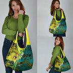 Custom Hockeyroos Kangaroo Field Hockey Grocery Bag Aboriginal Pattern Green Gold Dynamic Athlete Design