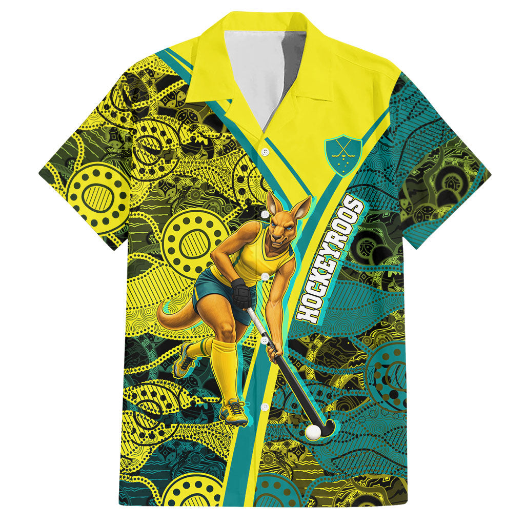 Custom Hockeyroos Kangaroo Field Hockey Hawaiian Shirt Aboriginal Pattern Green Gold Dynamic Athlete Design