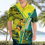 Custom Hockeyroos Kangaroo Field Hockey Hawaiian Shirt Aboriginal Pattern Green Gold Dynamic Athlete Design