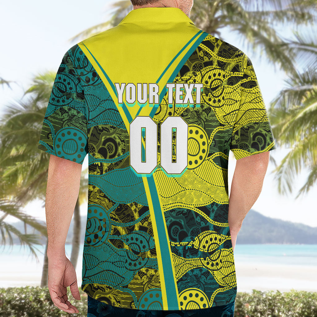 Custom Hockeyroos Kangaroo Field Hockey Hawaiian Shirt Aboriginal Pattern Green Gold Dynamic Athlete Design