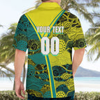 Custom Hockeyroos Kangaroo Field Hockey Hawaiian Shirt Aboriginal Pattern Green Gold Dynamic Athlete Design