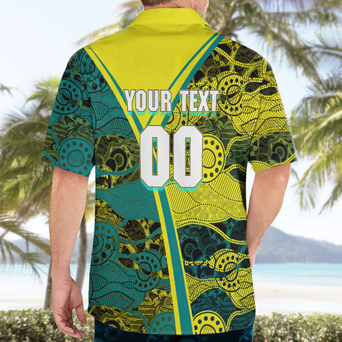 Custom Hockeyroos Kangaroo Field Hockey Hawaiian Shirt Aboriginal Pattern Green Gold Dynamic Athlete Design