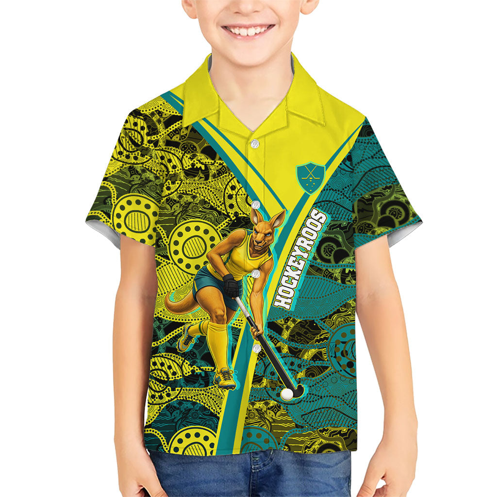 Custom Hockeyroos Kangaroo Field Hockey Hawaiian Shirt Aboriginal Pattern Green Gold Dynamic Athlete Design