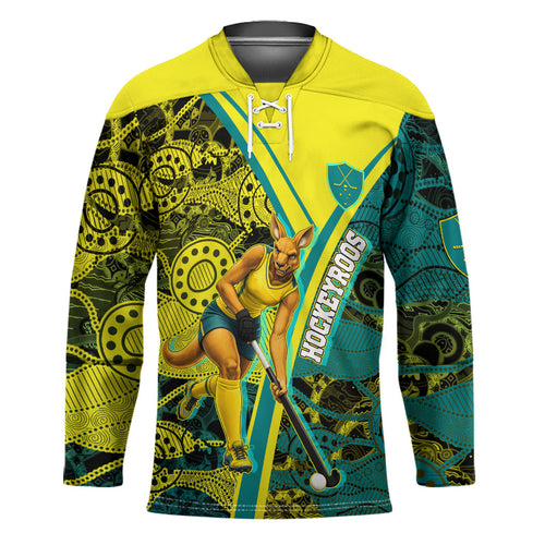 Custom Hockeyroos Kangaroo Field Hockey Hockey Jersey Aboriginal Pattern Green Gold Dynamic Athlete Design