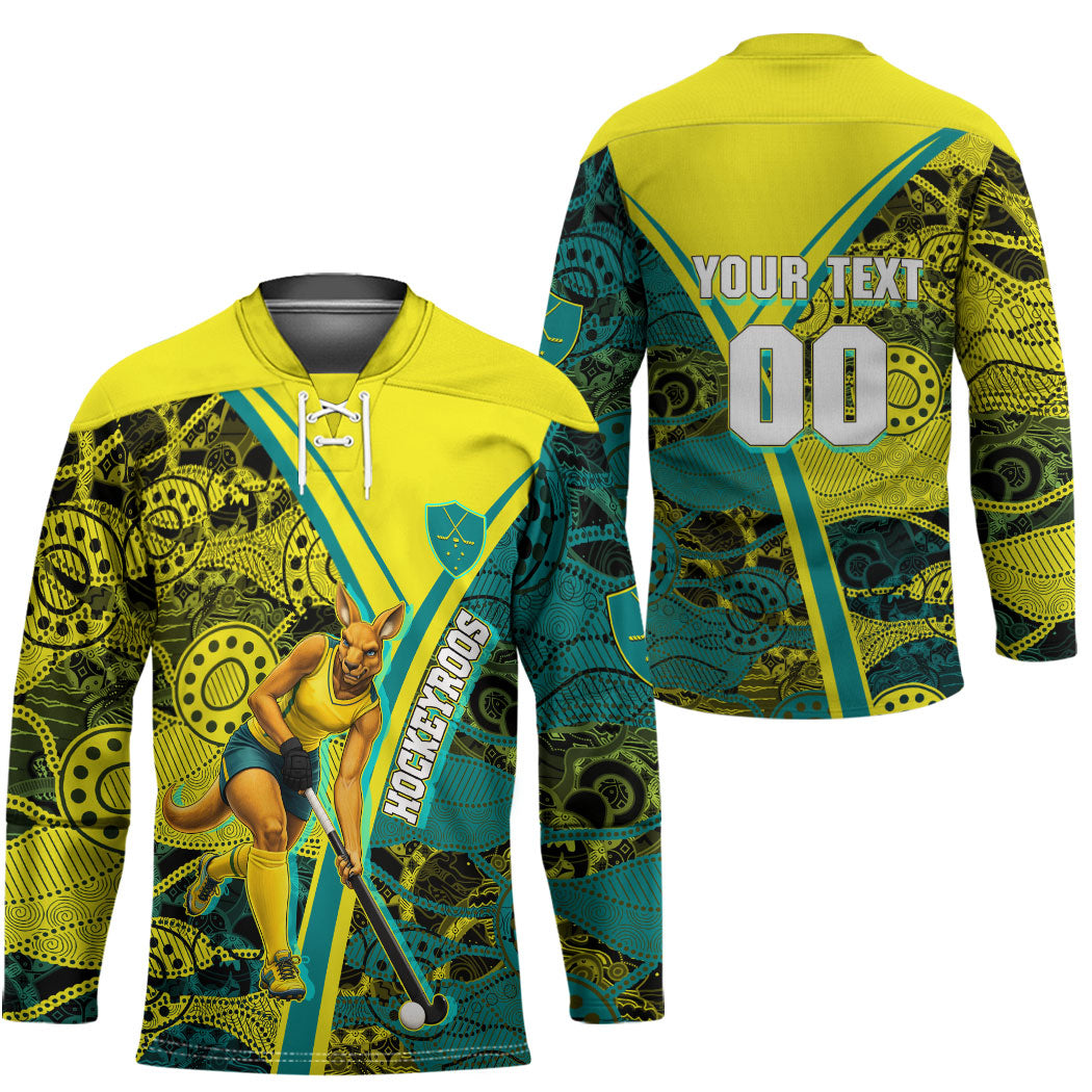 Custom Hockeyroos Kangaroo Field Hockey Hockey Jersey Aboriginal Pattern Green Gold Dynamic Athlete Design