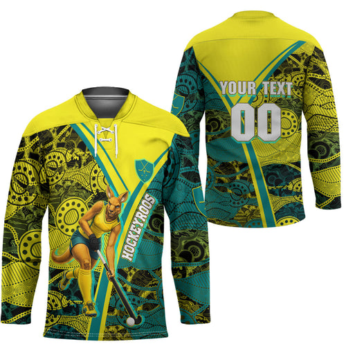 Custom Hockeyroos Kangaroo Field Hockey Hockey Jersey Aboriginal Pattern Green Gold Dynamic Athlete Design