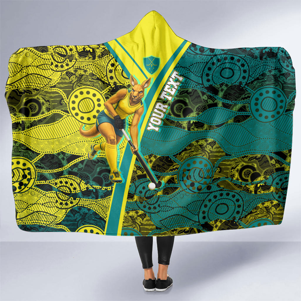 Custom Hockeyroos Kangaroo Field Hockey Hooded Blanket Aboriginal Pattern Green Gold Dynamic Athlete Design