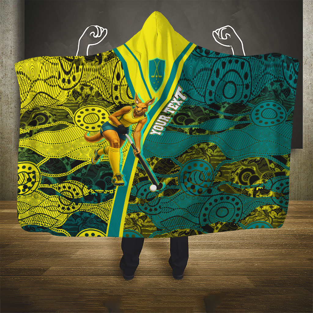 Custom Hockeyroos Kangaroo Field Hockey Hooded Blanket Aboriginal Pattern Green Gold Dynamic Athlete Design
