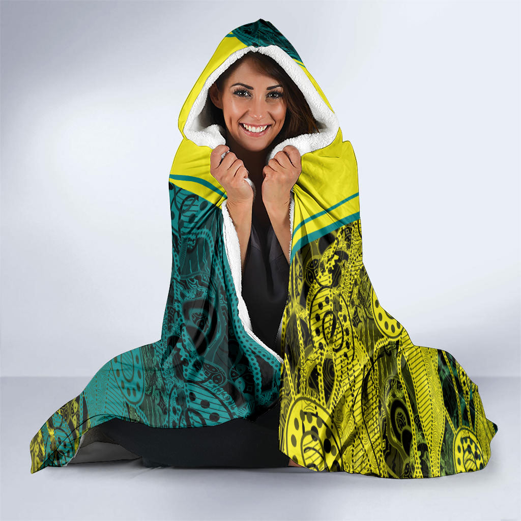 Custom Hockeyroos Kangaroo Field Hockey Hooded Blanket Aboriginal Pattern Green Gold Dynamic Athlete Design