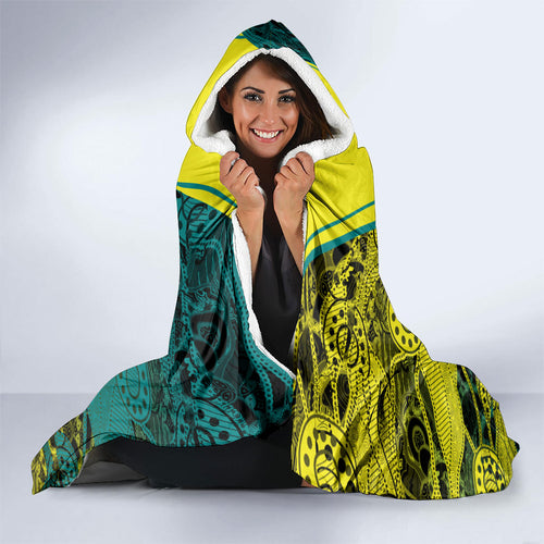 Custom Hockeyroos Kangaroo Field Hockey Hooded Blanket Aboriginal Pattern Green Gold Dynamic Athlete Design