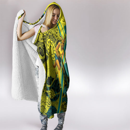 Custom Hockeyroos Kangaroo Field Hockey Hooded Blanket Aboriginal Pattern Green Gold Dynamic Athlete Design