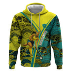 Custom Hockeyroos Kangaroo Field Hockey Hoodie Aboriginal Pattern Green Gold Dynamic Athlete Design