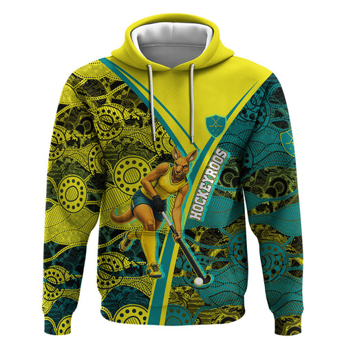 Custom Hockeyroos Kangaroo Field Hockey Hoodie Aboriginal Pattern Green Gold Dynamic Athlete Design