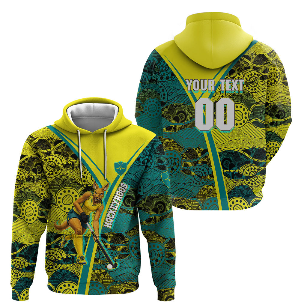 Custom Hockeyroos Kangaroo Field Hockey Hoodie Aboriginal Pattern Green Gold Dynamic Athlete Design