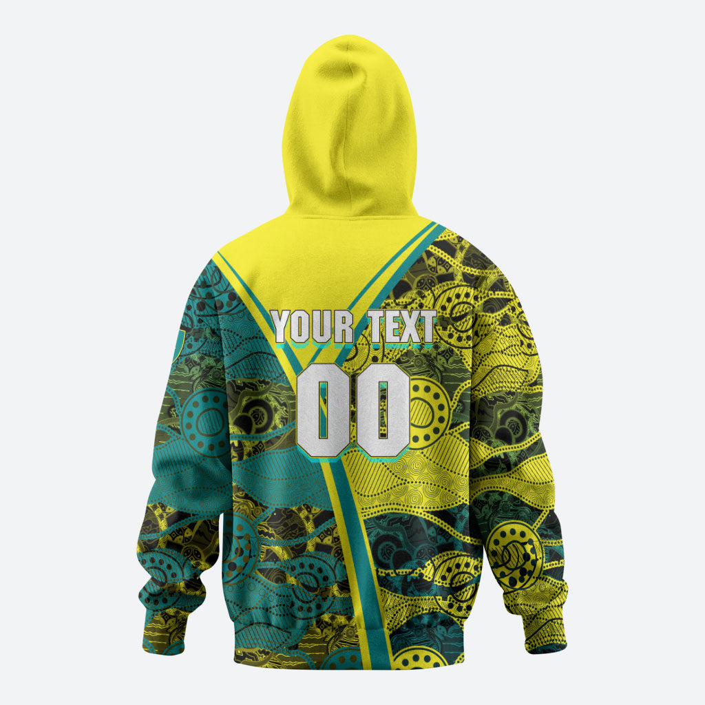Custom Hockeyroos Kangaroo Field Hockey Hoodie Aboriginal Pattern Green Gold Dynamic Athlete Design