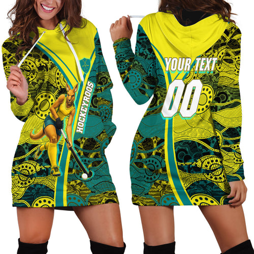 Custom Hockeyroos Kangaroo Field Hockey Hoodie Dress Aboriginal Pattern Green Gold Dynamic Athlete Design