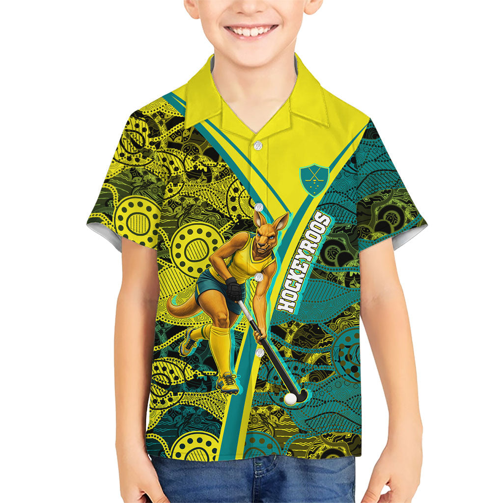 Custom Hockeyroos Kangaroo Field Hockey Kid Hawaiian Shirt Aboriginal Pattern Green Gold Dynamic Athlete Design