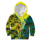 Custom Hockeyroos Kangaroo Field Hockey Kid Hoodie Aboriginal Pattern Green Gold Dynamic Athlete Design