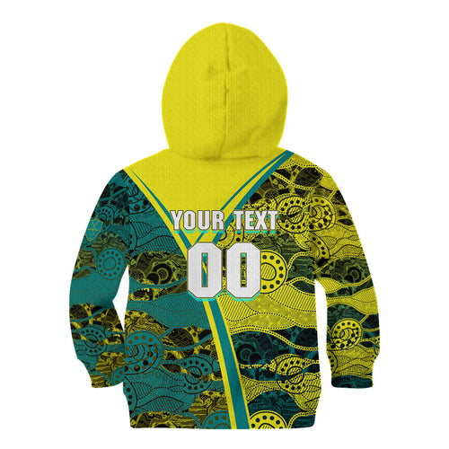 Custom Hockeyroos Kangaroo Field Hockey Kid Hoodie Aboriginal Pattern Green Gold Dynamic Athlete Design