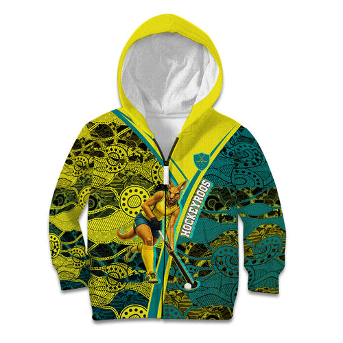 Custom Hockeyroos Kangaroo Field Hockey Kid Hoodie Aboriginal Pattern Green Gold Dynamic Athlete Design