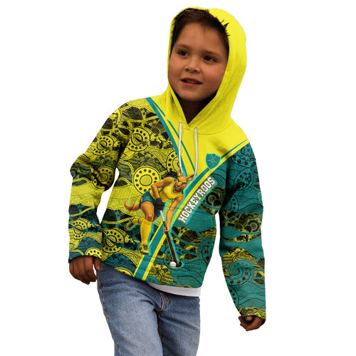 Custom Hockeyroos Kangaroo Field Hockey Kid Hoodie Aboriginal Pattern Green Gold Dynamic Athlete Design
