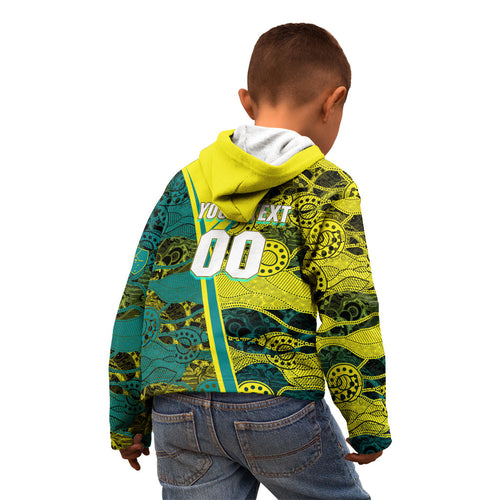 Custom Hockeyroos Kangaroo Field Hockey Kid Hoodie Aboriginal Pattern Green Gold Dynamic Athlete Design