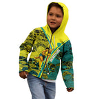 Custom Hockeyroos Kangaroo Field Hockey Kid Hoodie Aboriginal Pattern Green Gold Dynamic Athlete Design