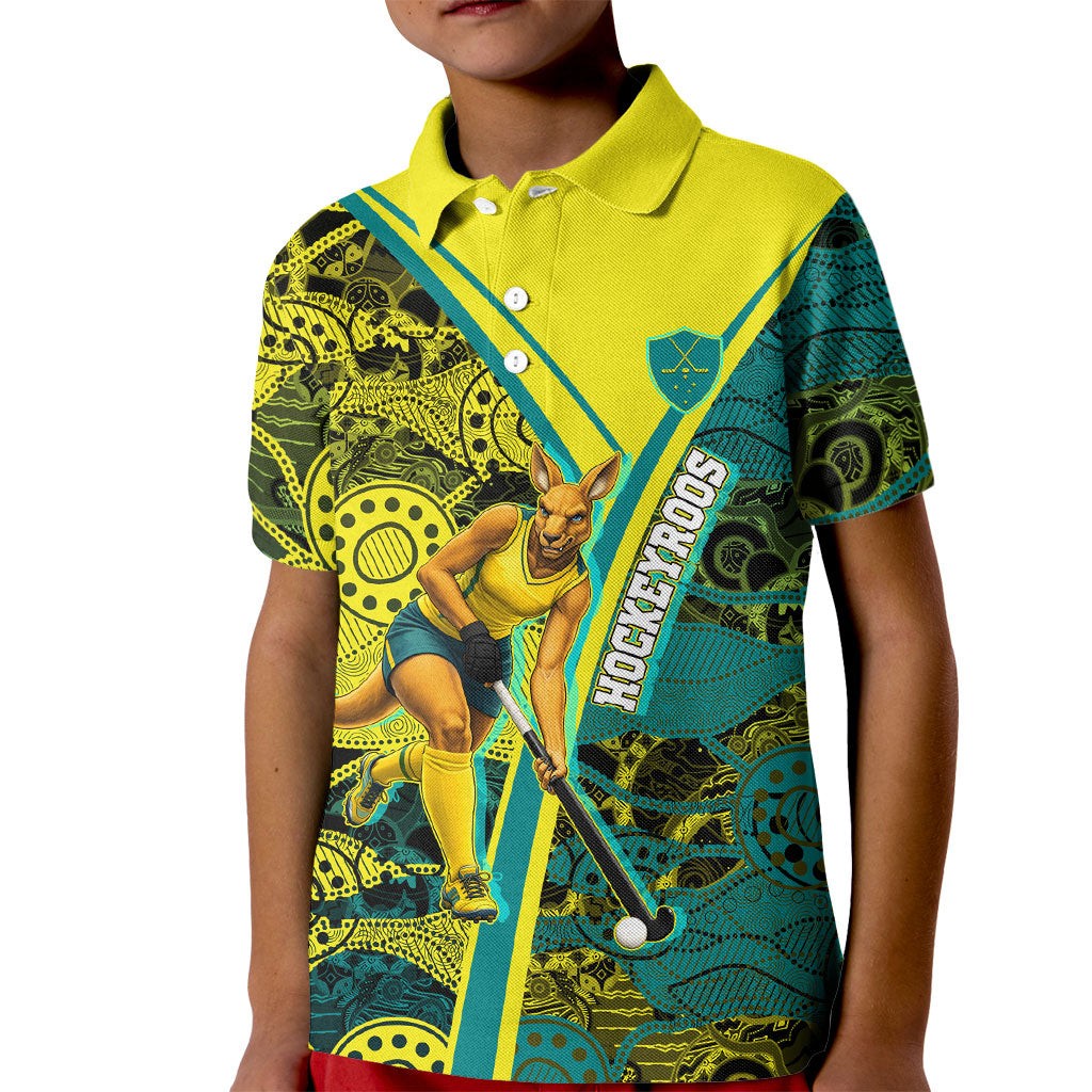 Custom Hockeyroos Kangaroo Field Hockey Kid Polo Shirt Aboriginal Pattern Green Gold Dynamic Athlete Design