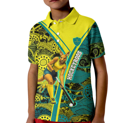 Custom Hockeyroos Kangaroo Field Hockey Kid Polo Shirt Aboriginal Pattern Green Gold Dynamic Athlete Design