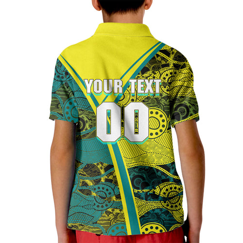 Custom Hockeyroos Kangaroo Field Hockey Kid Polo Shirt Aboriginal Pattern Green Gold Dynamic Athlete Design